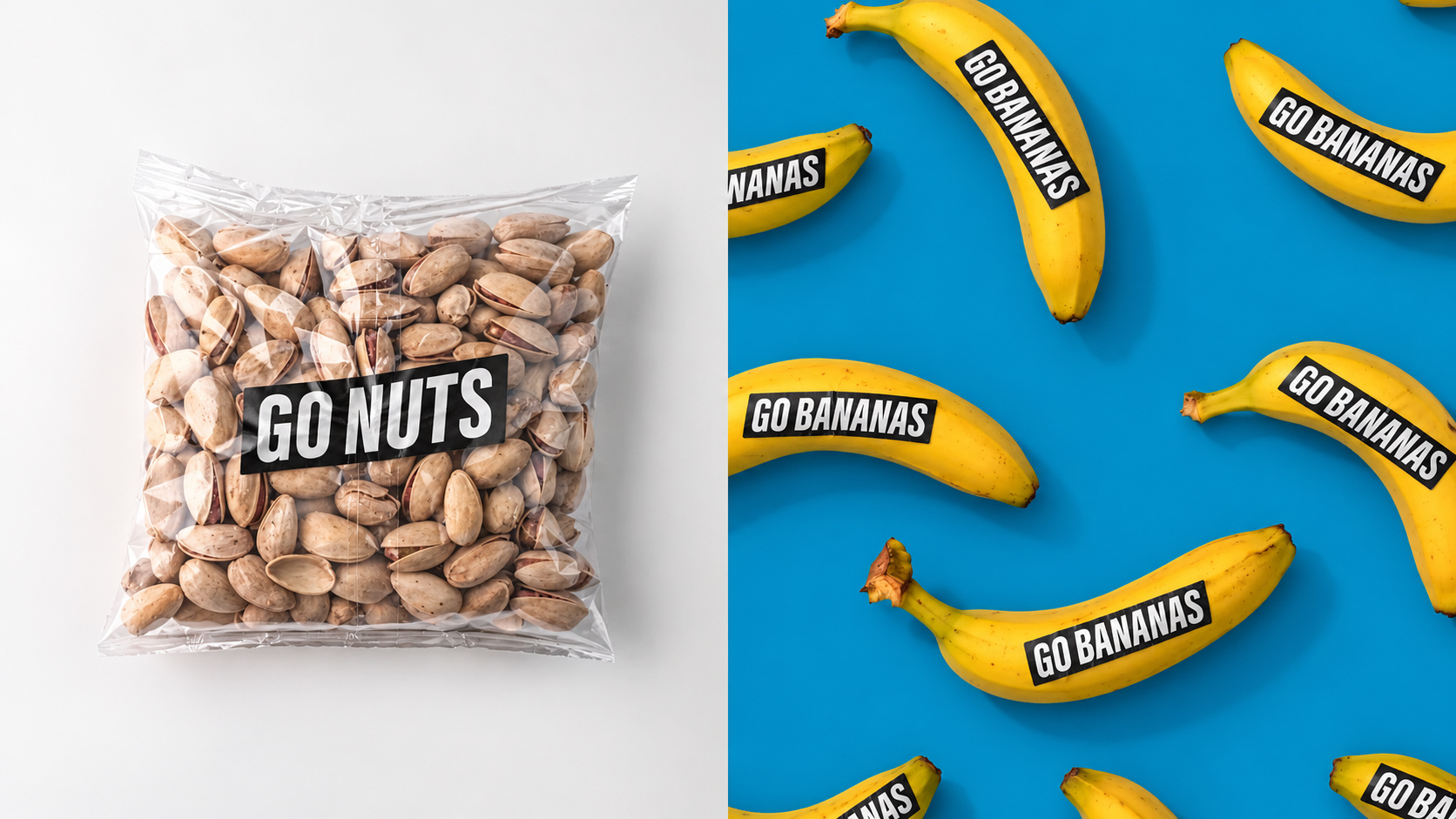 A bag of pistachios labelled 'Go Nuts', and a pattern of bananas labelled 'Go Bananas'